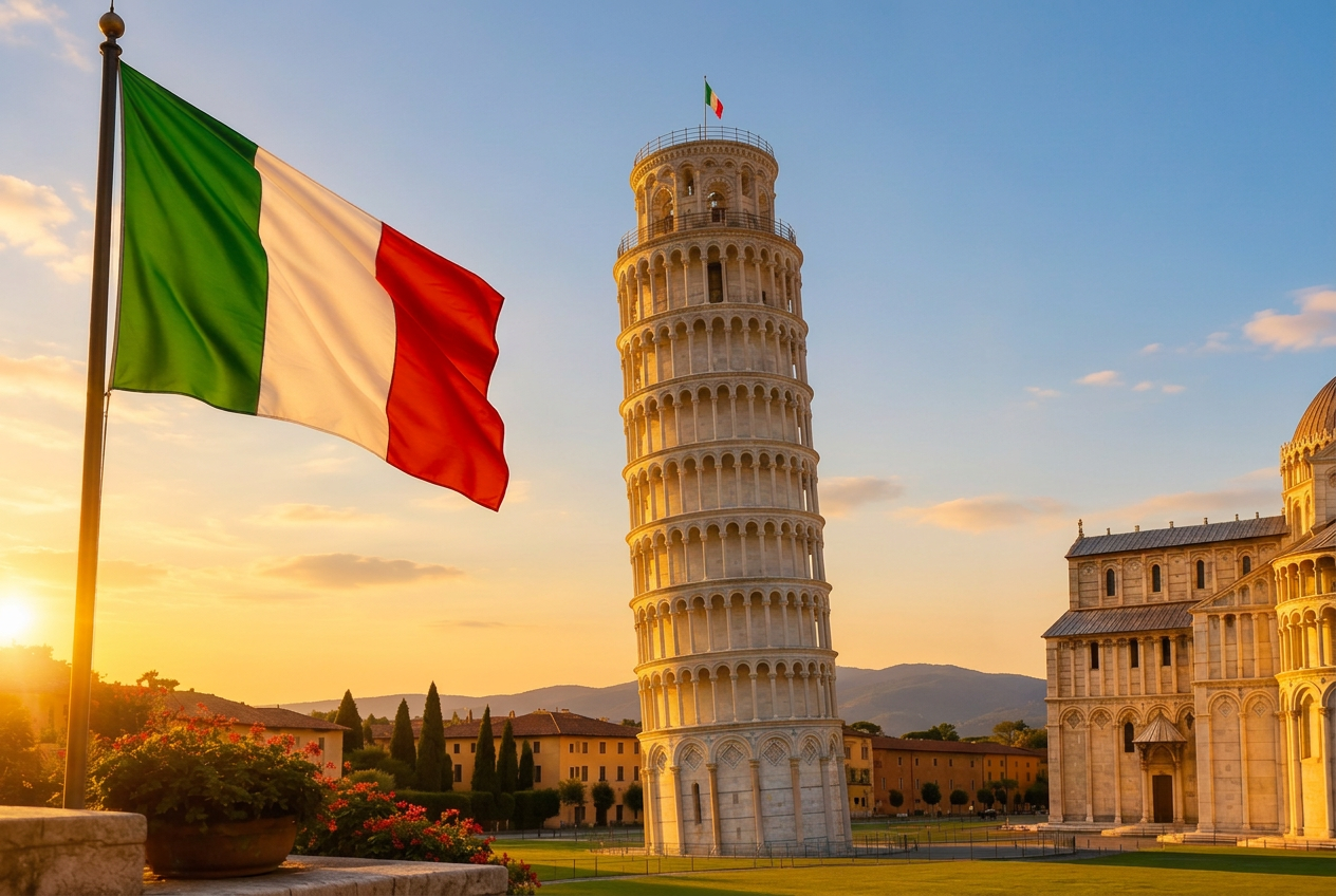 Toranj u Pisi i italijanska zastava na izlasku sunca